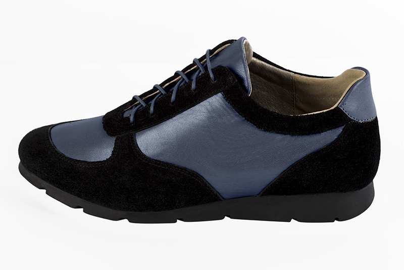 Matt black and prussian blue women's two-tone elegant sneakers. Round toe. Flat rubber soles. Profile view - Florence KOOIJMAN